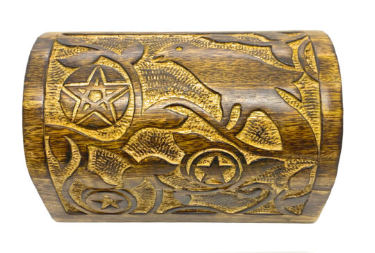 Hand Carved Wooden Raven and Pentagram Box