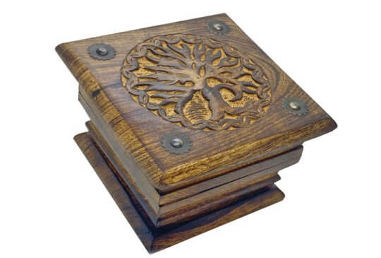 Ornate Tree of Life Carved Wooden Box with Bronsed Brass Rivets